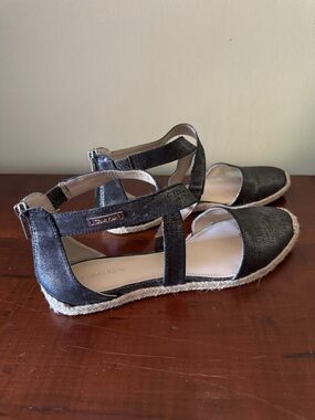 Calvin Klein Metallic Black Espadrille Sandals with Ankle Strap
